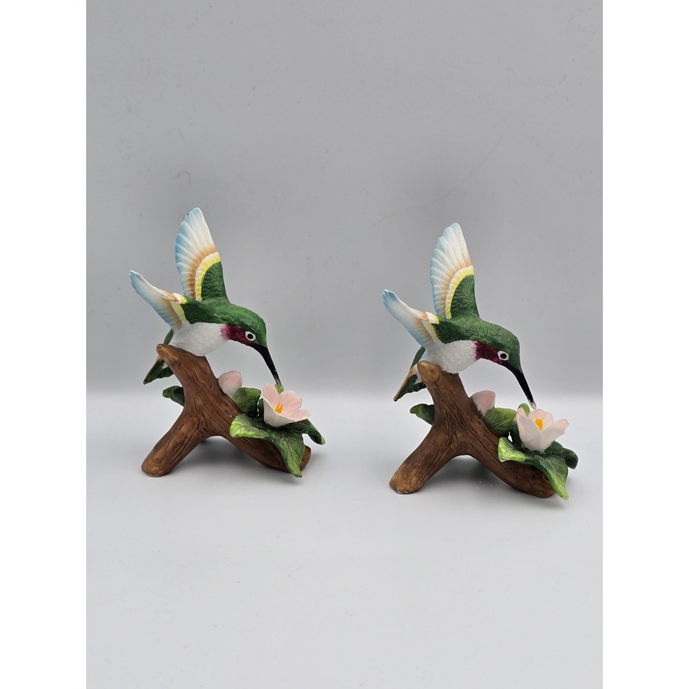 Pair Ceramic Hummingbirds with Flowers Figurine Hand Painted Collectible - Picture 4 of 8